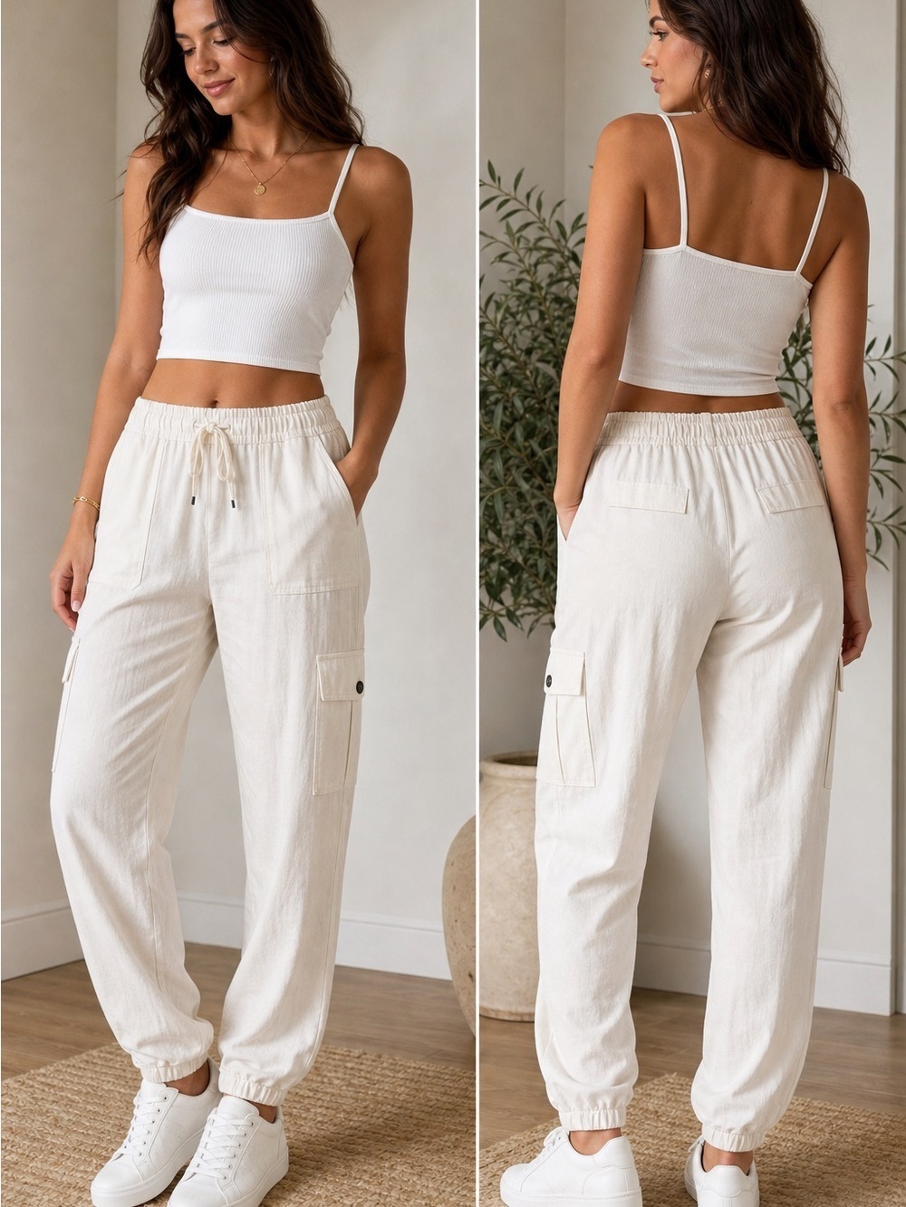 LOFT Cream Cargo Jogger Pants - Drawstring Waist NWOT